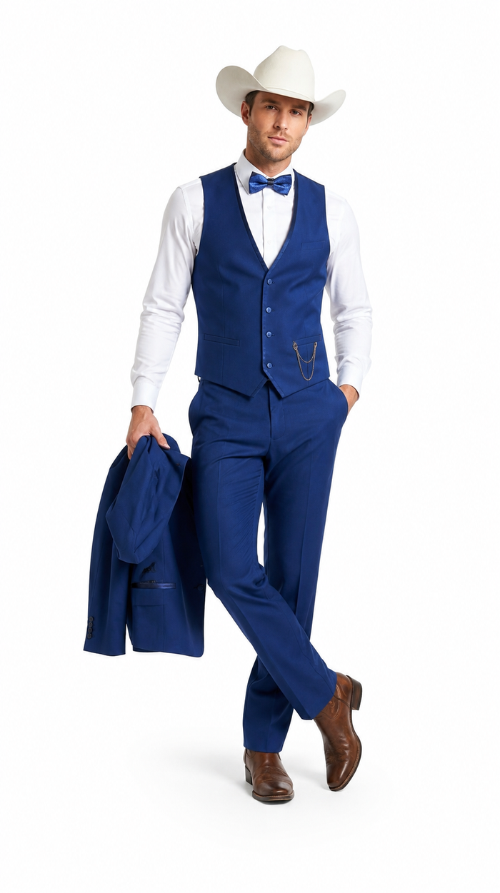 Men’s Blue Western Tuxedo Suit, 3 Piece Cowboy Formal Wedding Prom Suit with Satin Trim