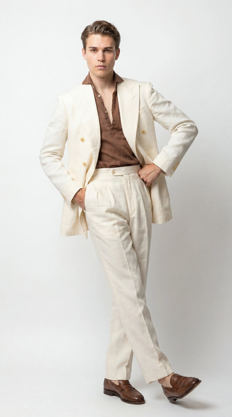 Men’s Off White 70s Style Double Breasted Suit – Vintage Retro Wide Lapel Classic Outfit for Party, Wedding and Casual Fashion Wear