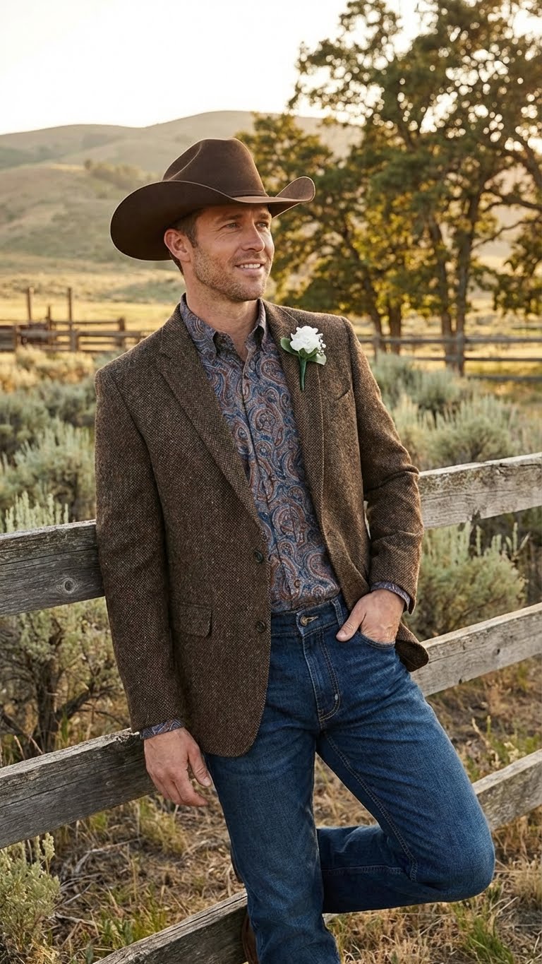 Mens Brown Western Tweed Herringbone Blazer Jacket Classic Cowboy Style Sport Coat for Wedding Party