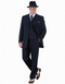 Classic 1920s men's navy blue zoot suit: long fit, pleated pants, matching fedora & wingtips. Structured three-piece suit.