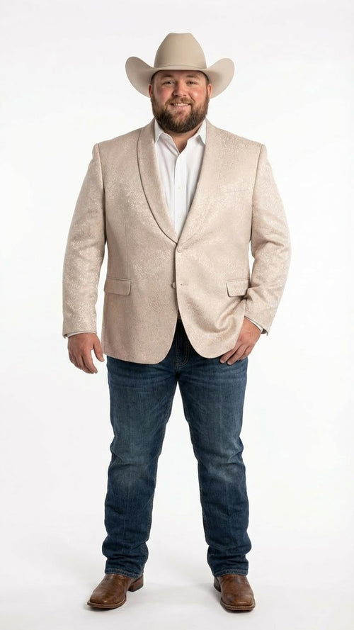 Menâ€™s Tan Khaki Beige Cream Champaign Paisley Western Blazer Jacket, Embossed Dress Sport Coat for Wedding Party Rodeo Style