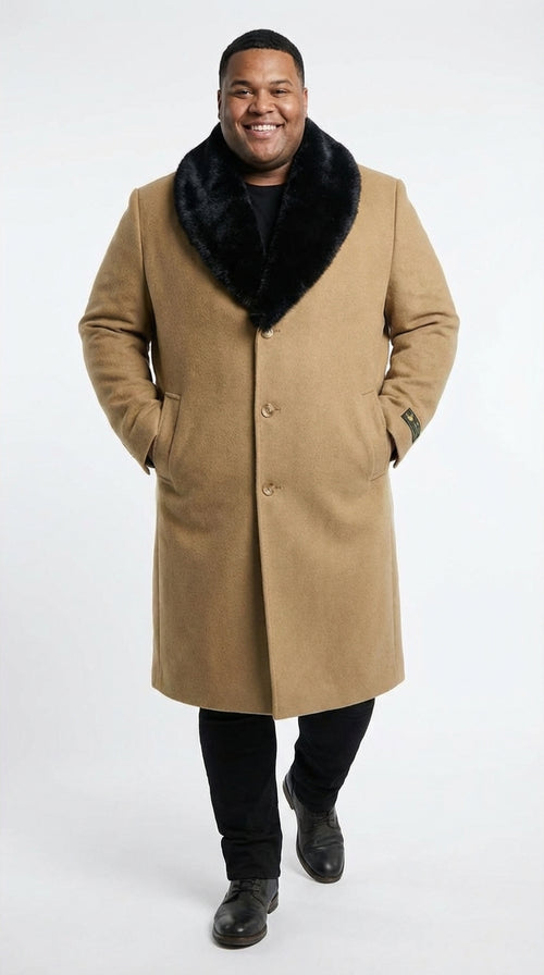 Menâ€™s Camel Tan Long Overcoat with Black Faux Fur Collar - Wool Topcoat Three if not Full length