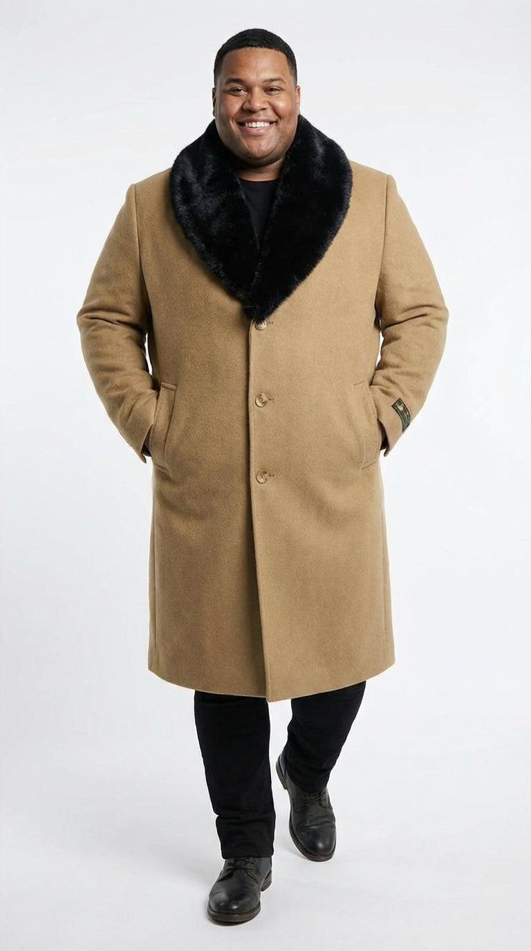 Mens Camel Tan Long Overcoat with Black Faux Fur Collar - Wool Topcoat Three if not Full length