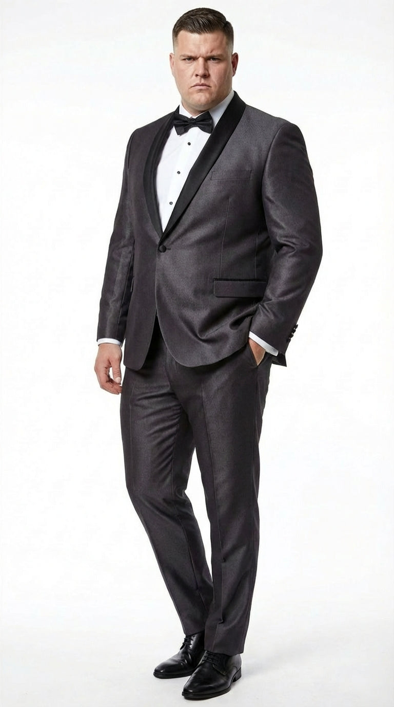 Mens Shiny Sateen Charcoal Gray Tuxedo 3 Piece Suit with Black Shawl Lapel | Formal Wedding Prom Suit Sharkskin