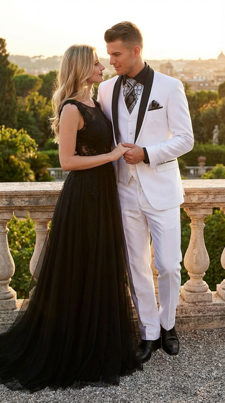 Men’s White Shiny Flashy Fabric Tuxedo Suit with Black Shawl Lapel | Luxury Formal Wedding and Evening Suit Sharkskin Metallic Fabric