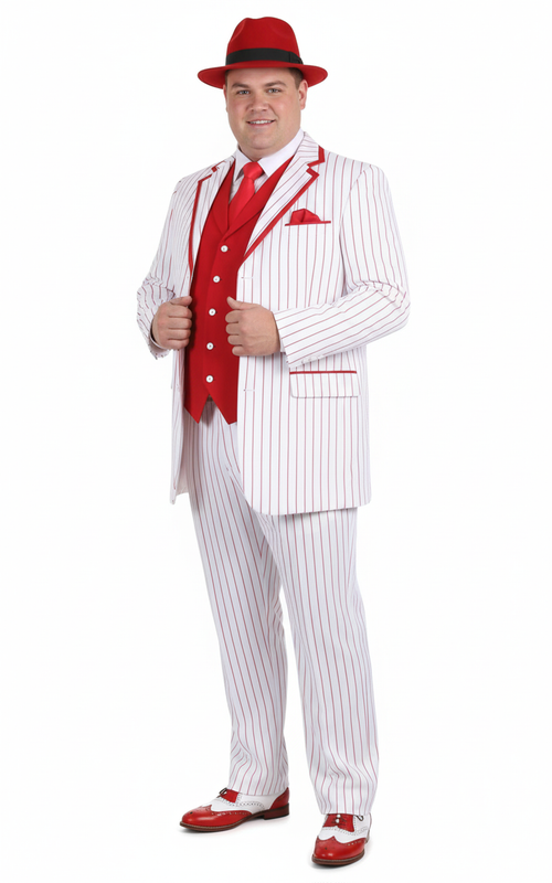 Mens 1920s White and Red Pinstripe Zoot Suit with Fedora Hat and