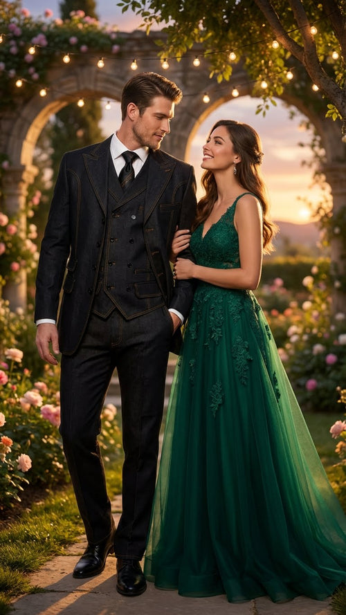 Men's Black Denim Fabric Suit – Classic Three Piece Denim Suit for Wedding, Prom and Church Wear