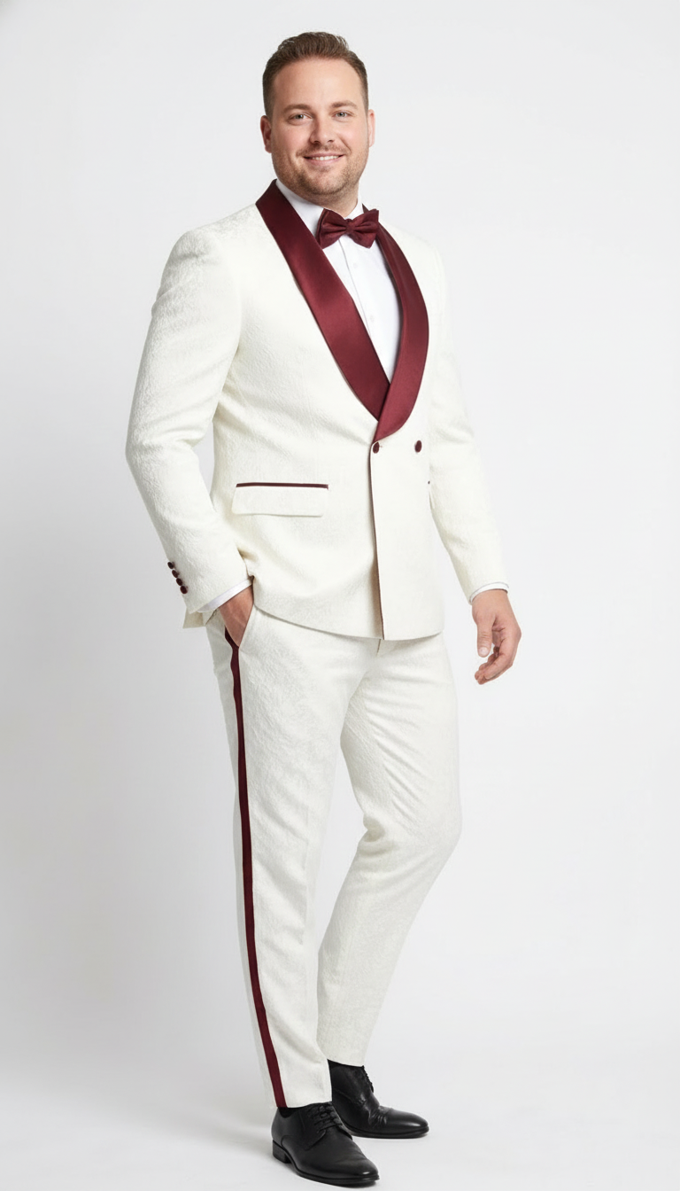 Ivory and burgundy jacquard tuxedo. Double-breasted jacket with shawl collar and textured ivory material, burgundy trim. Ivory trousers with burgundy stripe. Matching burgundy bow tie. Structured fit.
