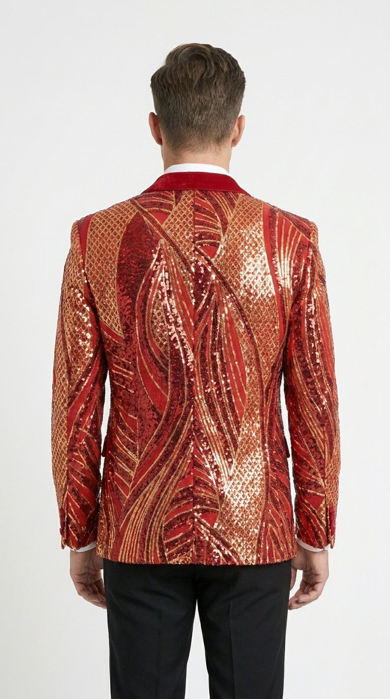 Men’s Red and Gold Sequin Christmas Holiday Blazer – Luxury Party Jacket for New Year, Wedding and Festive Events
