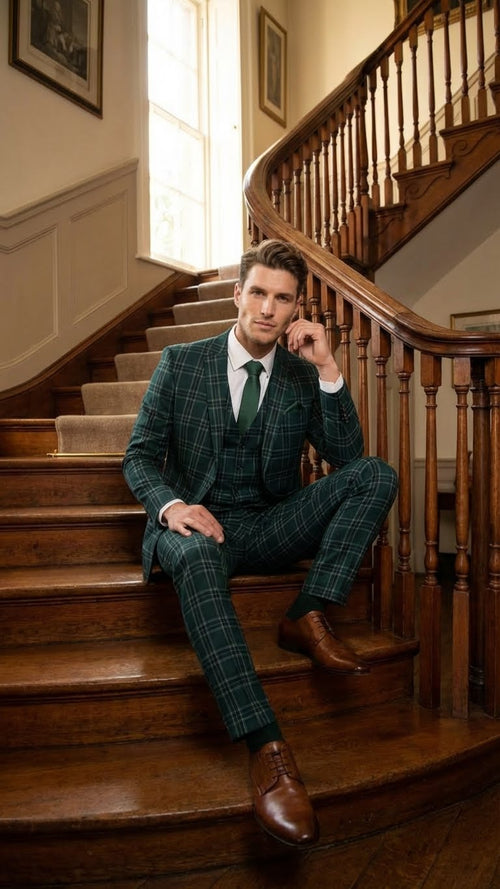 Men's Dark Green Plaid 3 Piece Suit – Checkered Suit Set for Wedding, Windowpane Tartan Fabric - Ultra Slim Fit