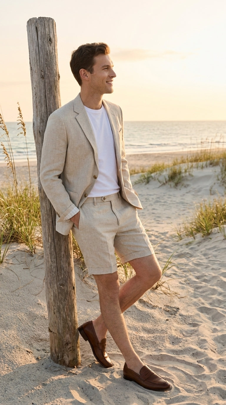 Men’s Tan Linen Suit with Shorts, 2 Piece Summer Short Suit, Casual Beach Wedding Outfit