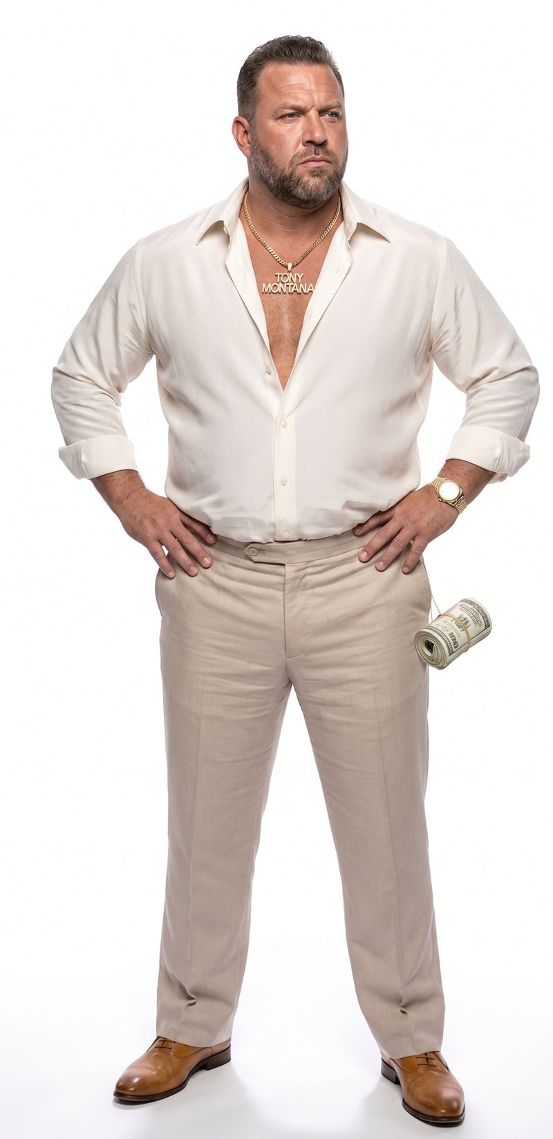 Tony Montana’s White Linen Shirt and Tan Pants – Men’s White Formal Shirt with Tan Trousers for Party, Wedding and Vintage Style Outfit