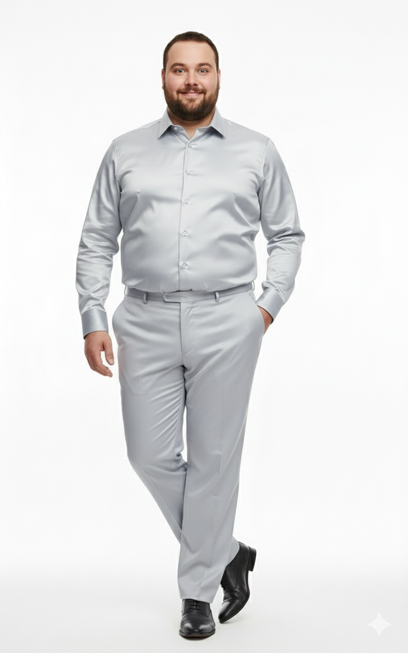 Men's silver satin dress set: slim fit shirt with collar & button closure, paired with straight-cut pants. Uniform light silver, smooth satin material for a sleek appearance.
