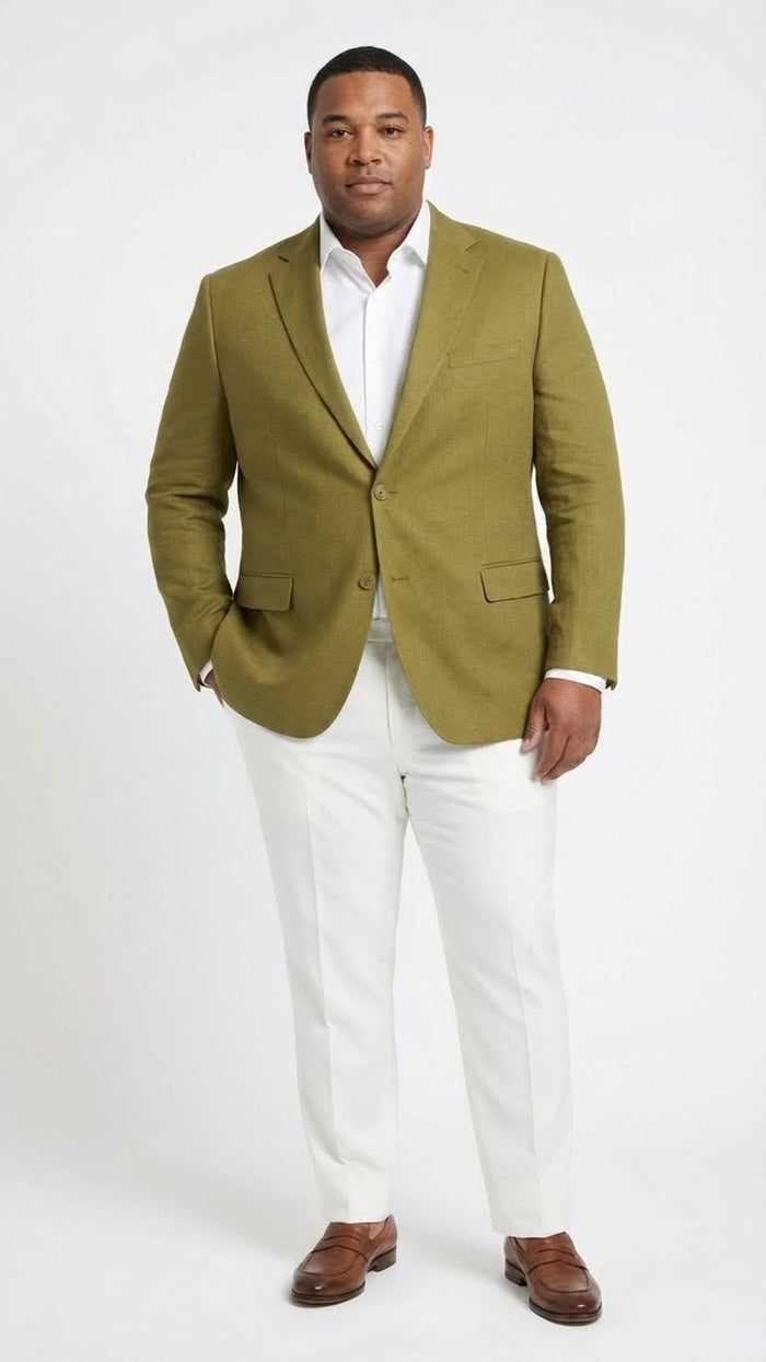 Alberto Nardoni men's olive green blazer. Structured design, two buttons, notch lapels, and two front pockets. Textured weave fabric. Shown with white trousers for contrast.
