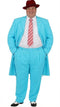 Men's sky blue zoot suit: double-breasted jacket with long tail & wide lapels, matching trousers. Smooth fabric, solid sky blue. Includes pockets. Worn with striped tie & black footwear (white accents).
