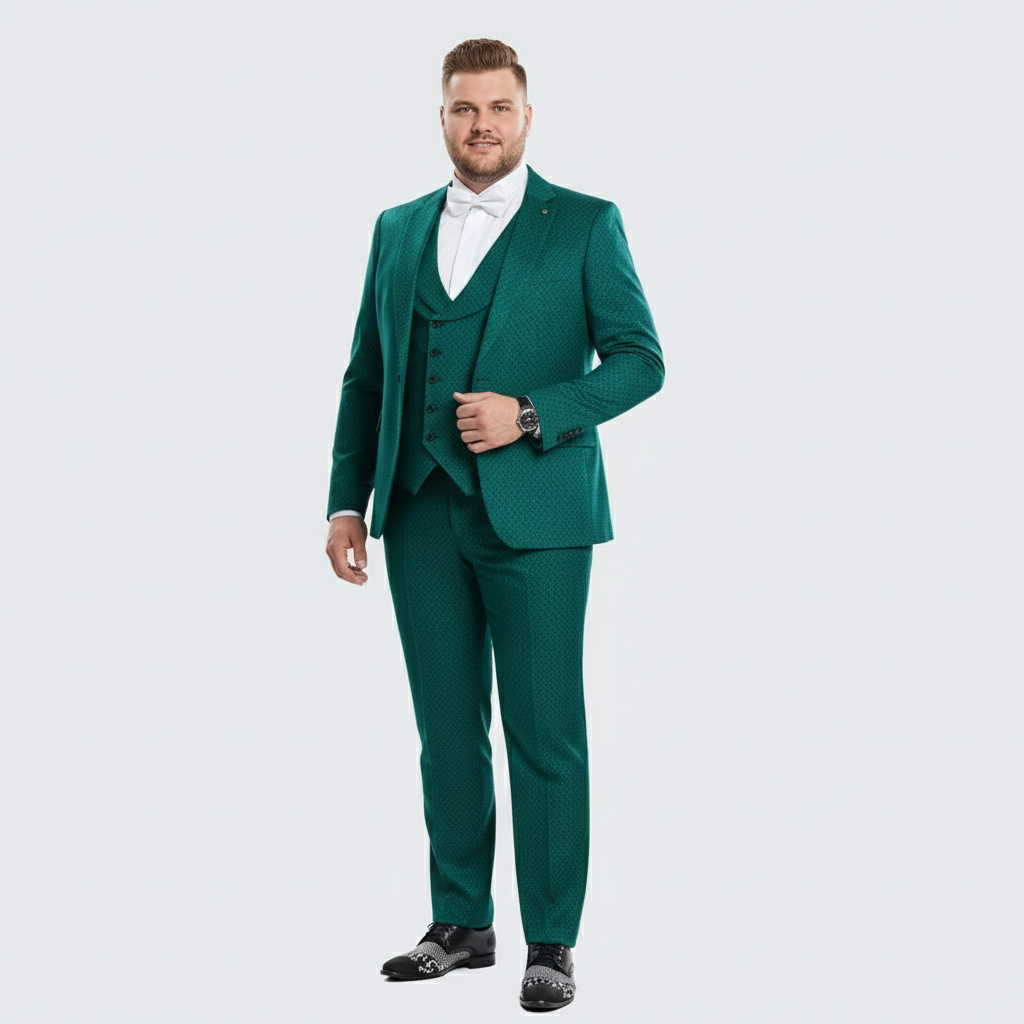 Men’s Emerald Green Textured 3-Piece Suit – Polk Dot Pattern Formal Wedding, Prom, and Evening Wear Outfit