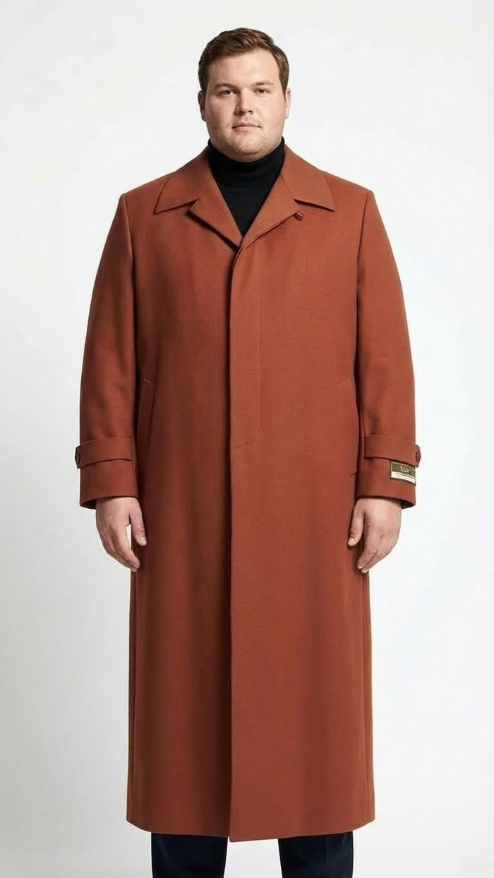 Alberto Nardoni men's cognac overcoat: long, straight silhouette. Single-breasted with wide notched lapels. Textured fabric, side pockets, and button-detailed cuffs.
