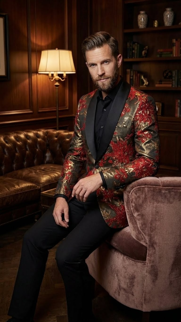 Men's red & gold paisley shawl lapel jacket. Fitted shape, rich fabric. Red & gold with floral paisley design. Shawl lapel for formal look. Modern, structured silhouette.
