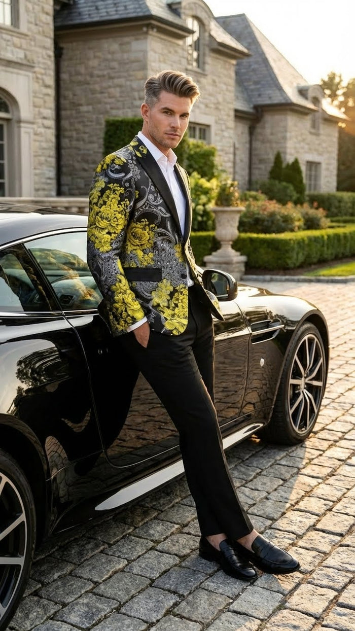 Yellow tuxedo blazer with black & gold floral pattern. Fitted shape, long sleeves, single-button closure. Structured, glossy fabric. Black lapels. Worn with white shirt, black trousers.
