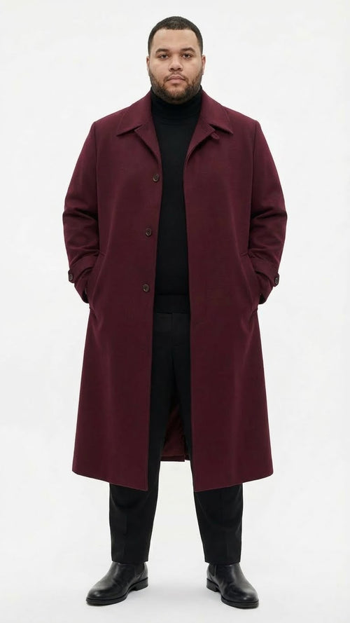 Alberto Nardoni men's burgundy overcoat. Full-length, tailored silhouette with straight cut, front buttons, and side pockets. Solid, rich burgundy fabric.
