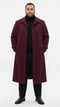 Alberto Nardoni men's burgundy overcoat. Full-length, tailored silhouette with straight cut, front buttons, and side pockets. Solid, rich burgundy fabric.
