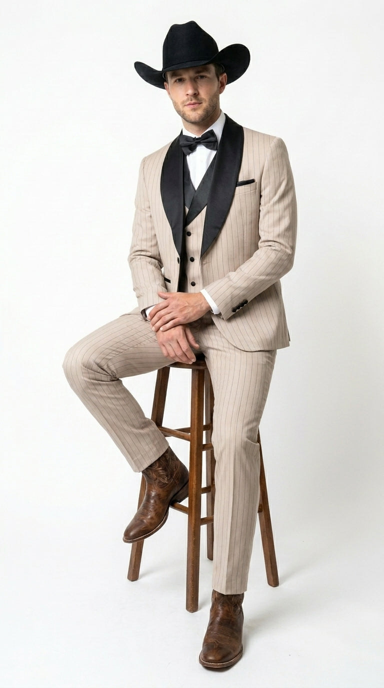 Men’s Beige Pinstripe Western 3 Piece Tuxedo Suit with Black Shawl Lapel, Formal Cowboy Wedding Prom Suit in Tan Khaki Color