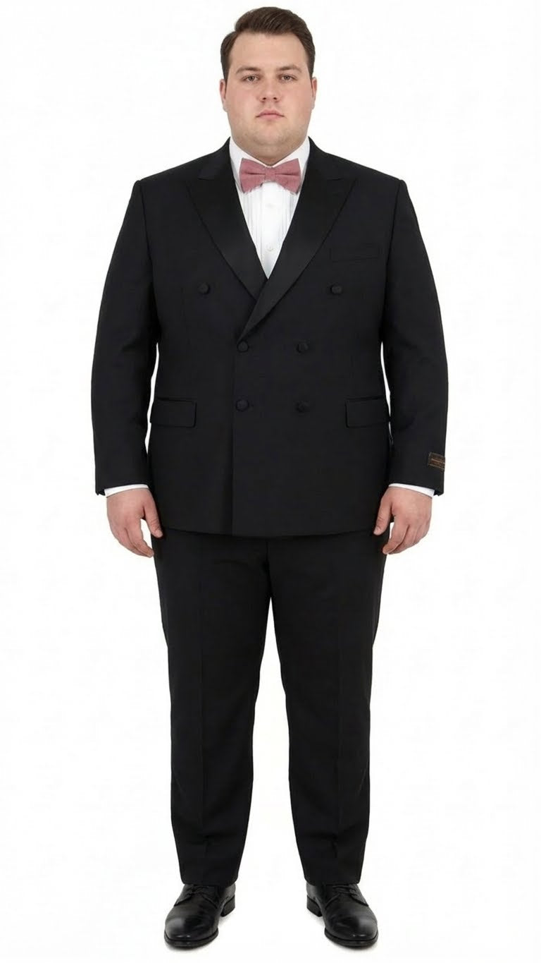 Elegant black double-breasted tuxedo in Italian Super 150s wool. Features peaked lapels & structured fit. Paired with white shirt, pink bow tie, and tapered trousers. Black dress shoes complete the look.