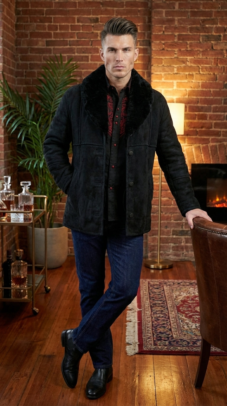 Men’s Black Sheepskin Leather Jacket Cowboy – Warm Faux Fur Collar Coat, Winter Long Jacket, Casual Western Style Outerwear