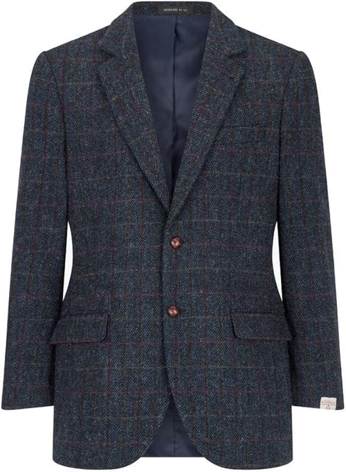 Men's Walker and Hawkes Blakemore blazer in Harris Tweed. Tailored, dark blue tweed with red check. Two-button front, notch lapel, two pockets, and lined interior. Fitted, structured silhouette.
