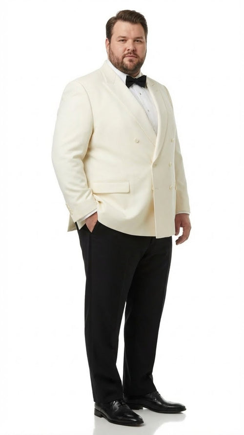 Ivory men's double-breasted tuxedo jacket. Shawl lapel, structured fit, button closure, side pockets. Smooth, solid ivory fabric.
