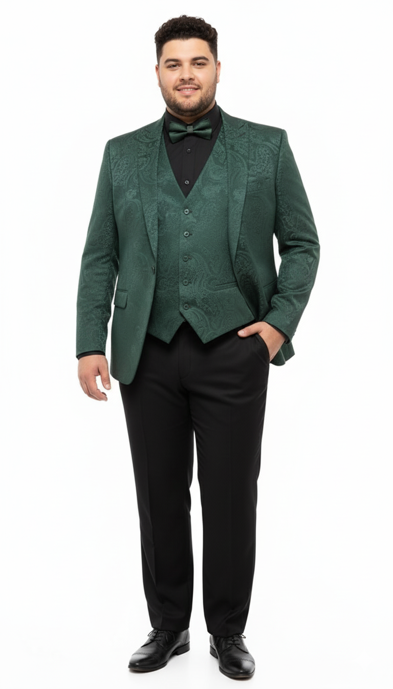 Men's emerald green paisley tuxedo suit. Slim-fit three-piece with ornate blazer (notch lapel), matching vest, and black pants. Perfect for formal events.
