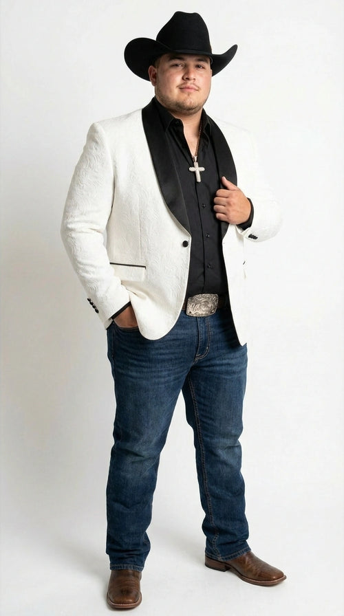 Men’s White Cowboy Blazer with Black Shawl Lapel – Western Formal Jacket for Wedding and Special Events