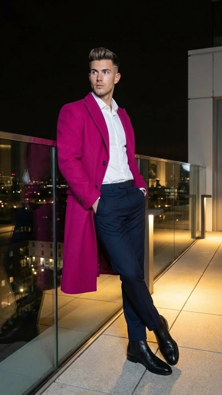 Men's hot pink wool blend overcoat. Straight cut, notched collar, single-breasted. Knee-length design for winter.
