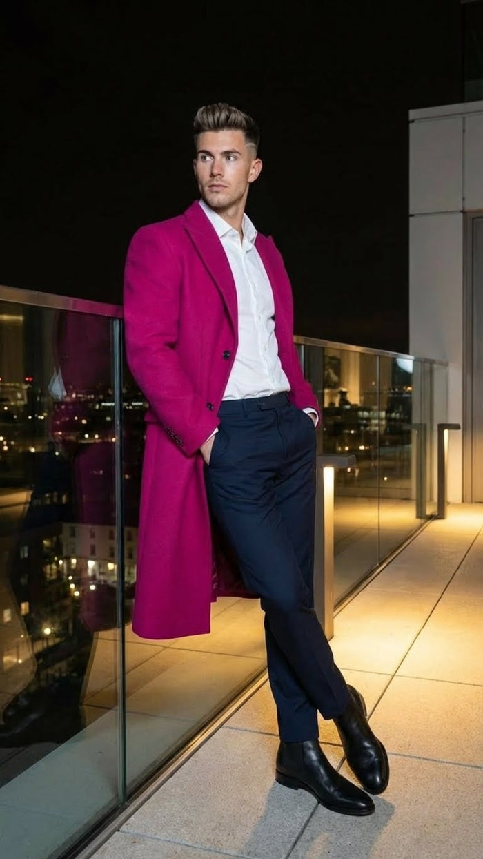 Men's hot pink wool blend overcoat. Straight cut, notched collar, single-breasted. Knee-length design for winter.
