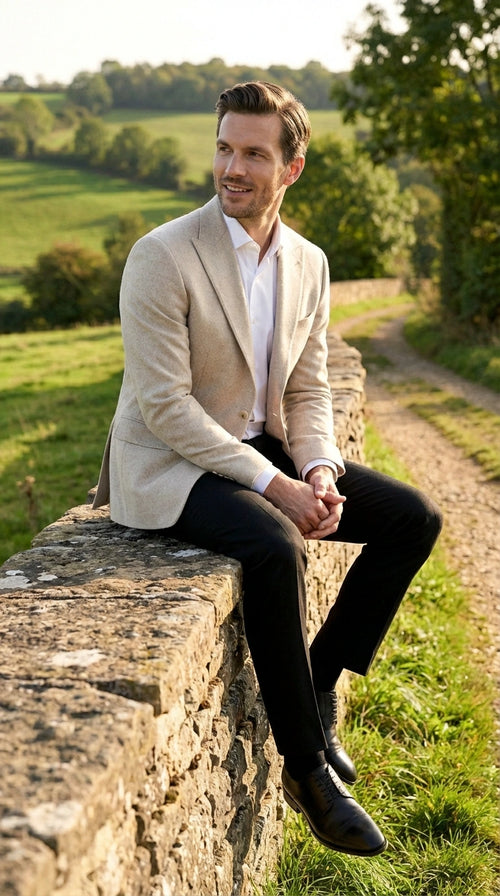 Zacchi Men’s Beige Hopsack Blazer – Classic Two Button Sport Coat with Peak Lapel Formal Jacket