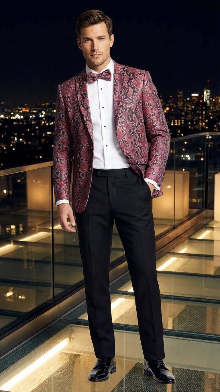 Men's burgundy & black snakeskin blazer. Fitted silhouette, single-button closure, peaked lapels, long sleeves. Glossy texture enhances the print. Paired with black trousers & white shirt.
