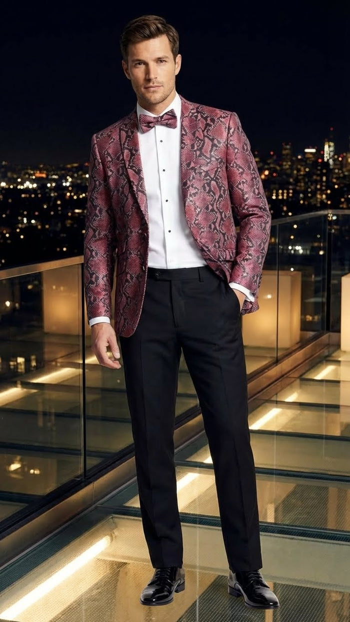 Men's burgundy & black snakeskin blazer. Fitted silhouette, single-button closure, peaked lapels, long sleeves. Glossy texture enhances the print. Paired with black trousers & white shirt.
