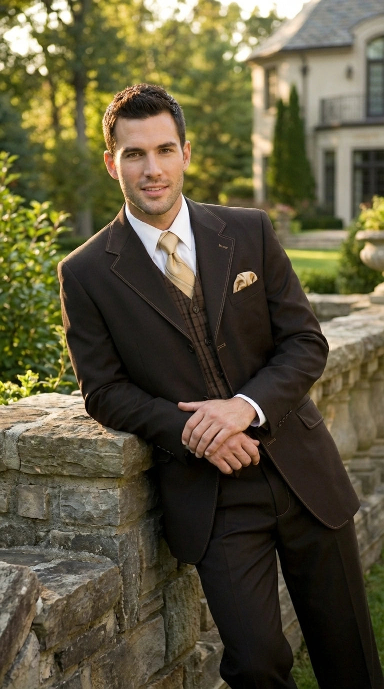 Men’s Dark choclate Brown Three Buttons 3 Piece Suit – Classic Brown 3PC Wedding, Church and Business Formal Suit for Men