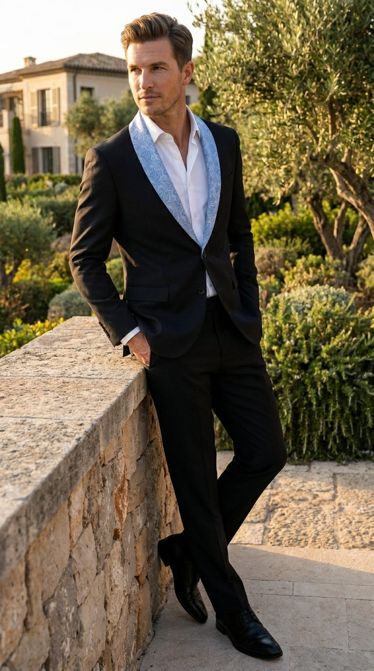 Men’s Black Suit with Light Blue Lapel – Modern Formal Tuxedo Style Suit for Wedding, Prom, Party and Sky Powder Blue Color