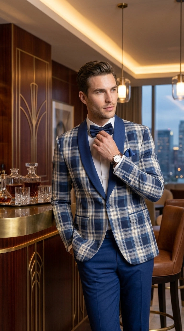Men’s Tartan Blue Plaid and Solid Blue Tuxedo – Modern Check Pattern Formal Suit for New Year - Christmas - Holiday Jacket with Pants