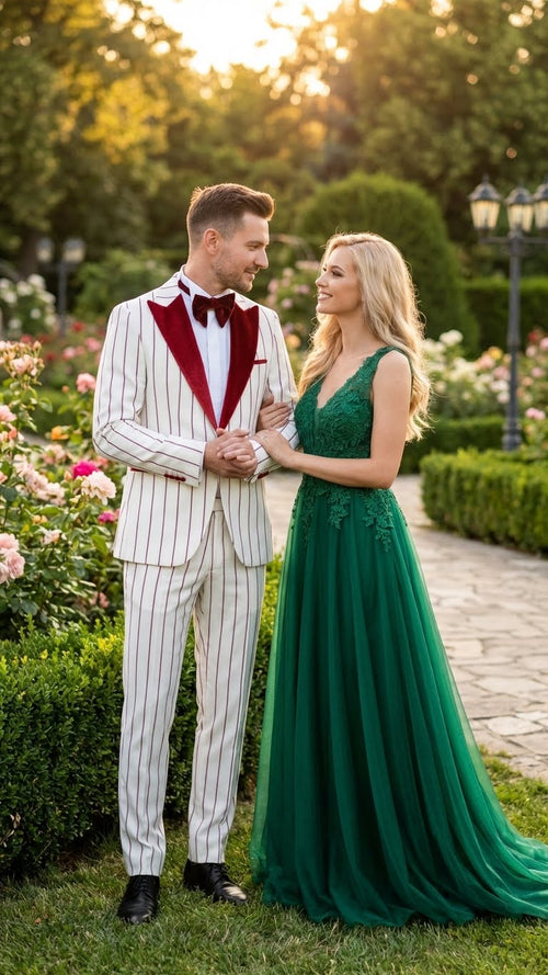 White tuxedo with dark red pinstripes and velvet shawl lapel. Features dark red lapel and bow tie. Slim-fit silhouette.
