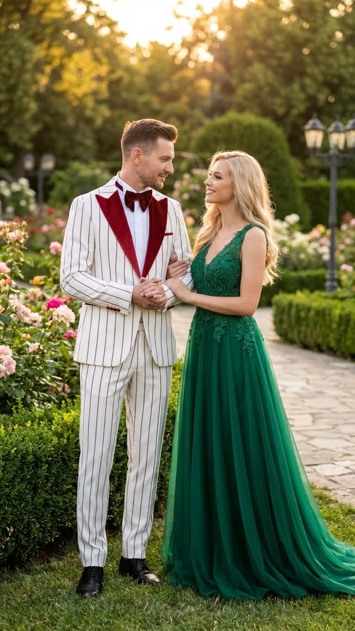 White tuxedo with dark red pinstripes and velvet shawl lapel. Features dark red lapel and bow tie. Slim-fit silhouette.
