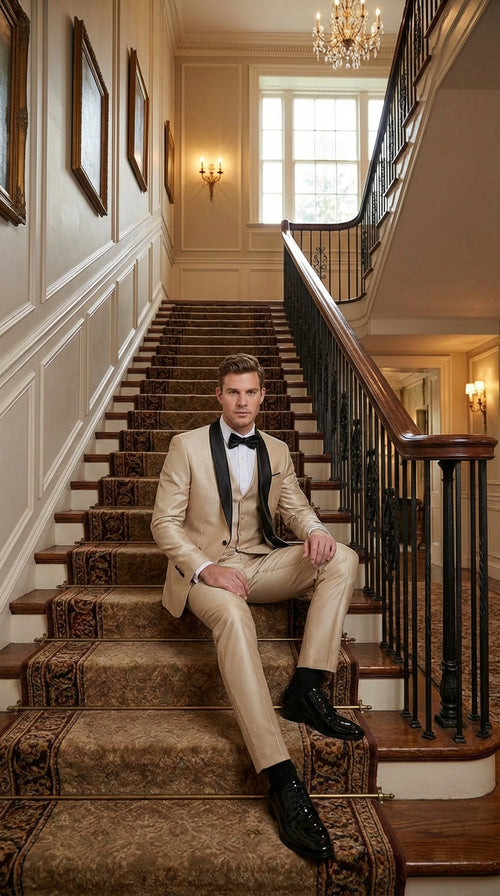 Men’s Champagne Beige Shiny Tuxedo 3 Piece Suit with Black Shawl Lapel | Formal Wedding Prom Suit Set in Sand Light Tan Color