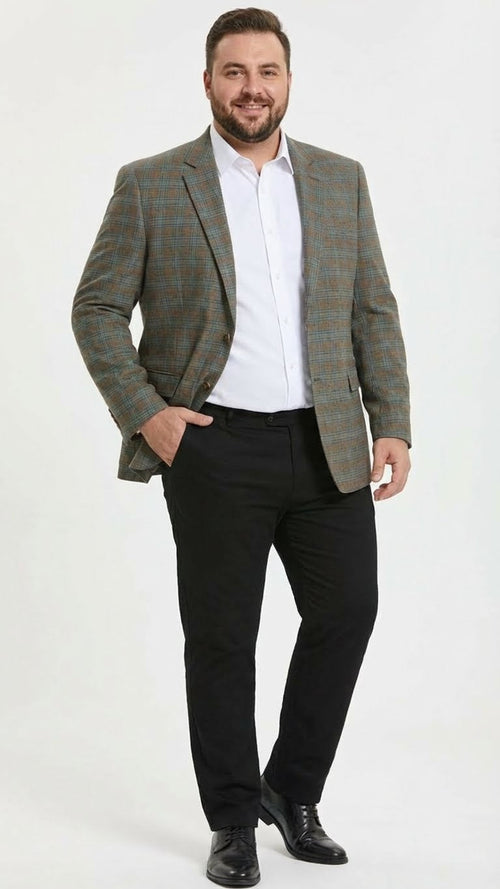 Alberto Nardoni men's sport coat. Green base plaid with brown/teal stripes. Single-breasted, notched lapels, textured fabric. Two front pockets, fitted silhouette.
