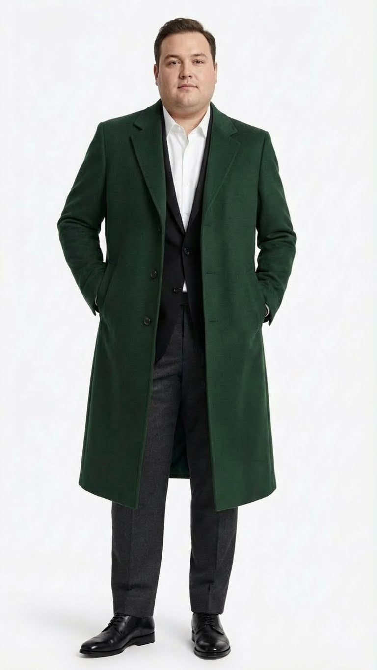 Hunter green men's wool overcoat. Full-length, straight cut with long silhouette. Features notched lapel and two front buttons. Made from wool.
