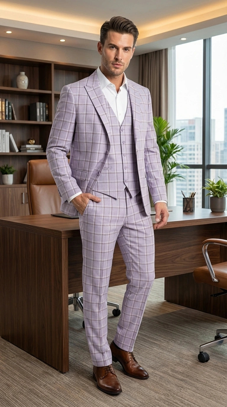 Men’s Lilac Lavender Windowpane Check 3 Piece Suit – Lilac Plaid Formal Suit with Vest for Wedding, Prom and Business Events