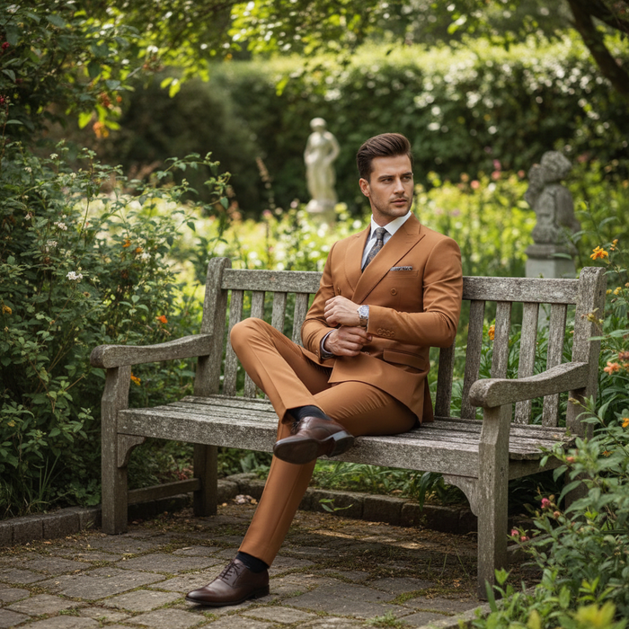 Men's Vitali slim fit suit in rust orange-brown. Double-breasted, tailored with structured shoulders and a two-button front.
