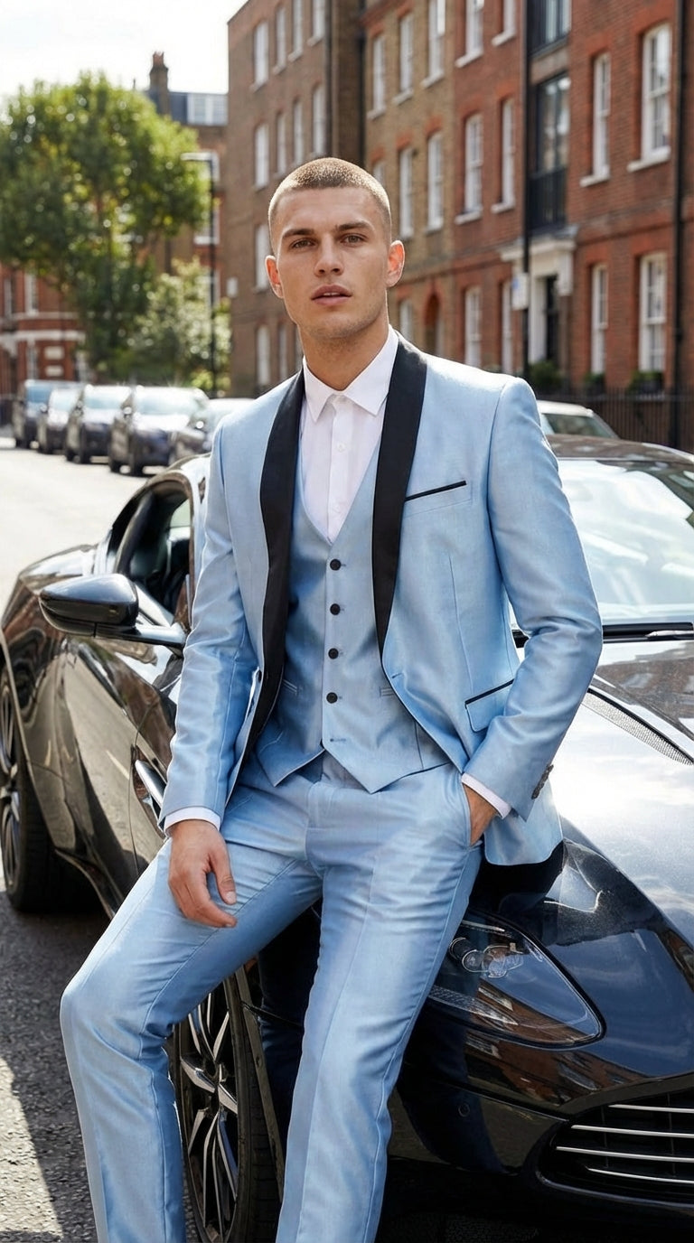 Men’s Light Blue Shiny 3 Piece Suit with Black Shawl Lapel | Formal Wedding Prom Suit - Sateen Sharskin Suit
