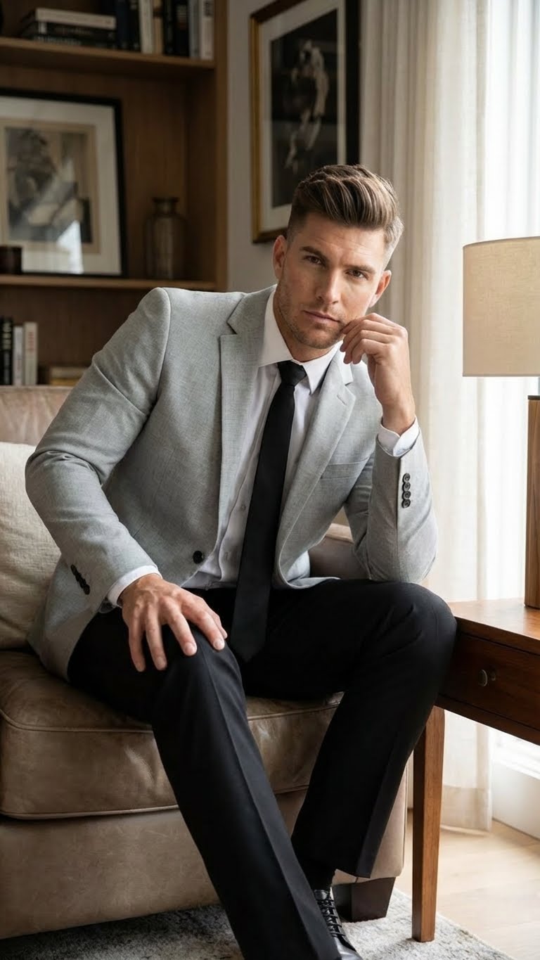 Men's Alberto Nardoni Light Grey Slim Fit Blazer Sport Coat with Black Pants