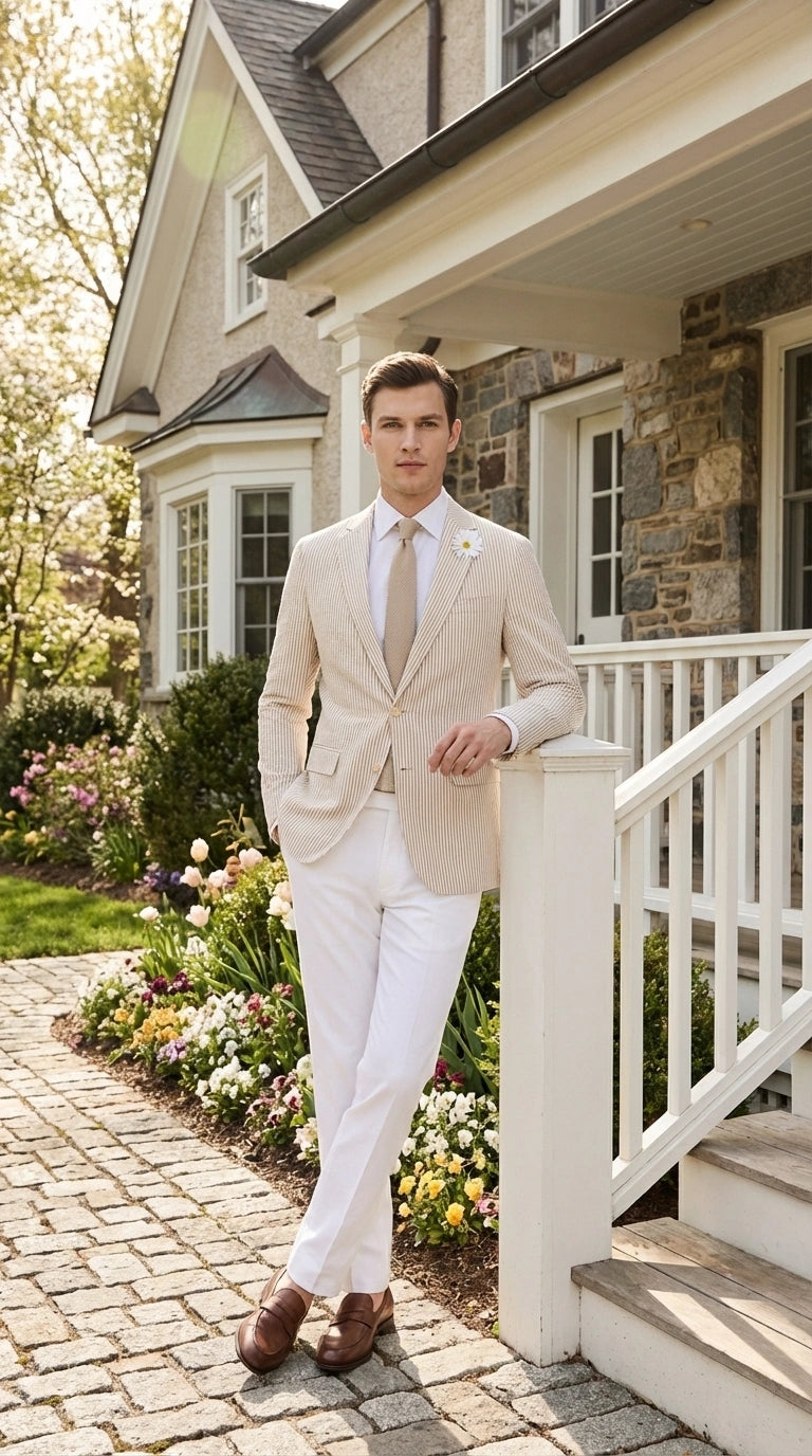 Mens Beige Seersucker Blazer – Lightweight Striped Summer Sport Coat Casual Smart Formal Jacket